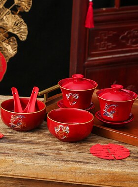 敬茶杯结婚新人改口陪嫁喜碗一对婚礼红色对碗敬酒碗婚庆用品大全