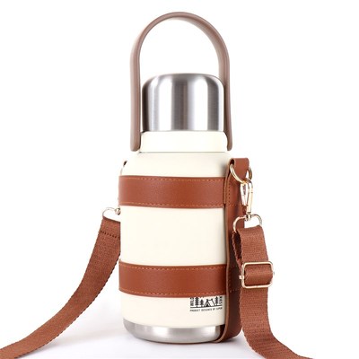 现货户外高颜值便携式大容量保温杯保护套仿皮斜挎式杯套