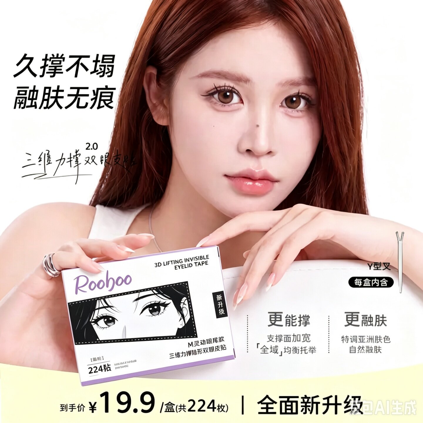 ROOBOO3维力撑双眼皮贴2.0强支撑新手肉色无痕自然隐形肿泡眼染语