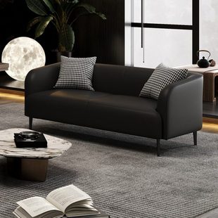 意式轻奢皮布双人小沙发小户型休息区办公室接待网红简约黑色沙发