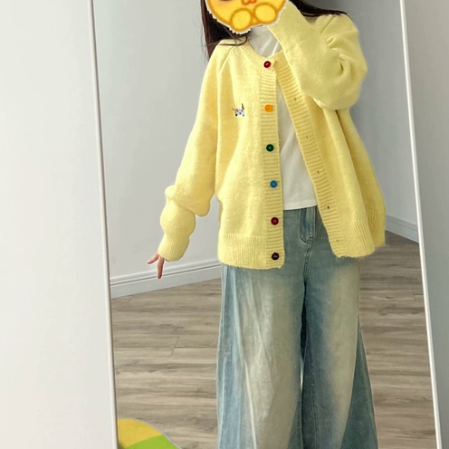 春秋糖果色扣子毛衣开衫女小狗刺绣软糯毛衣外套甜美百搭美式复古