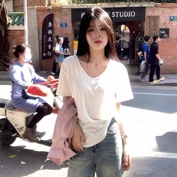纯色v领正肩宽松百搭显瘦短袖女2025新款爆款夏装减龄休闲T恤上衣