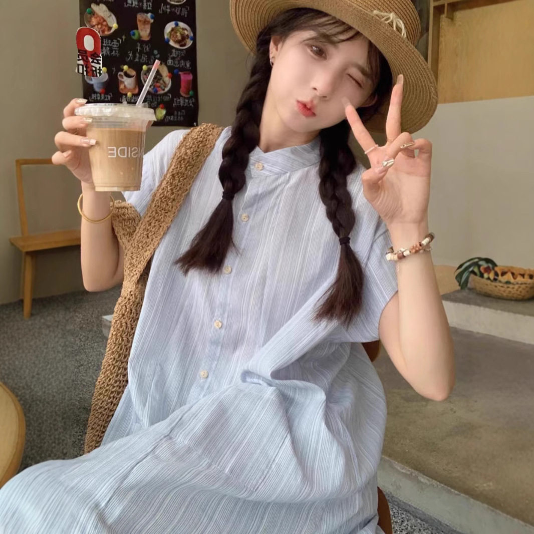 法式甜美条纹短袖衬衫连衣裙女夏季海边度假风气质宽松显瘦A字裙