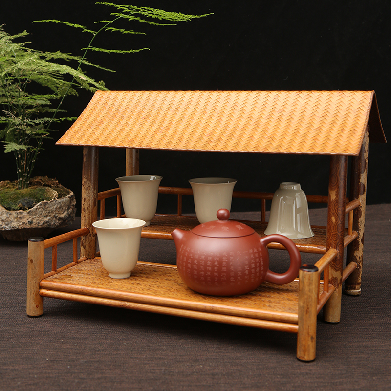 中式围炉煮c茶禅意梅鹿竹茶棚茶台屋檐摆件收纳柜博古架双层茶杯
