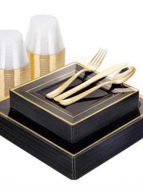 6.5寸9寸方盘刀叉勺一次性餐盘黑色方形烫金盘PS硬塑料25个装跨境