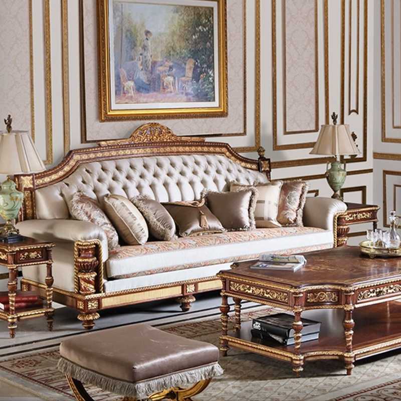 英式温莎堡实木雕花描金沙发组合新古典桃花心木软包别墅客厅家具