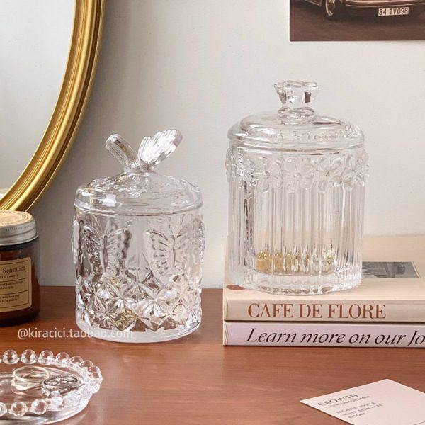 法式复古浮雕玻璃首饰盒棉签收纳罐子储物罐桌面带盖饰品收纳盒,收纳整理,首饰盒,淘宝优惠券,粉丝福利购,淘宝优惠卷