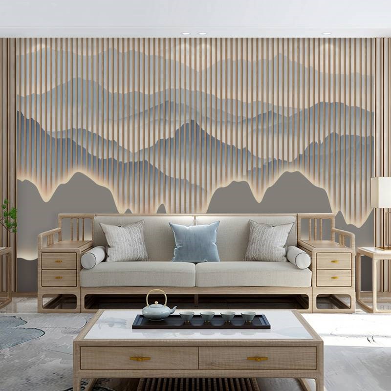 新中式现代水墨山水墙纸r3d立体酒店电视沙发背景墙布装饰茶室壁