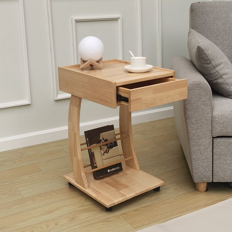 实木沙发边几可i移动C型角几带轮茶台边柜 床头桌子客厅小茶几简