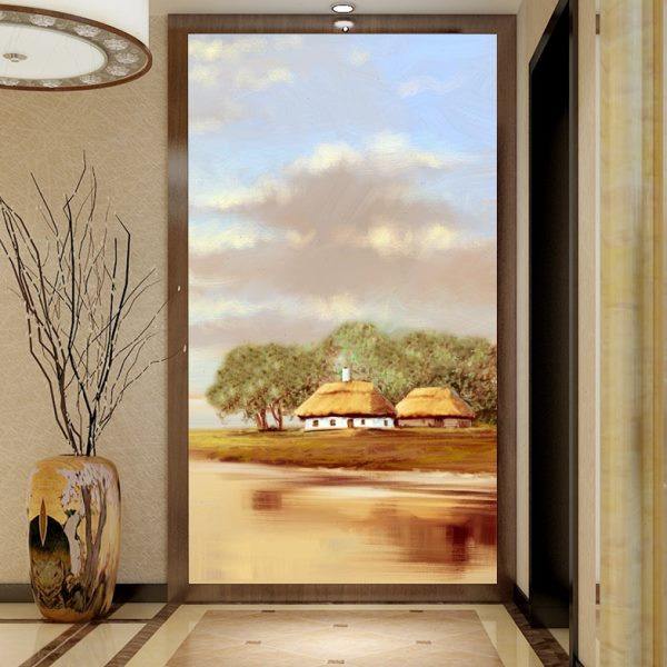 现代简约进门玄关背景墙壁纸油画风景走廊过道壁画客厅欧式装饰画