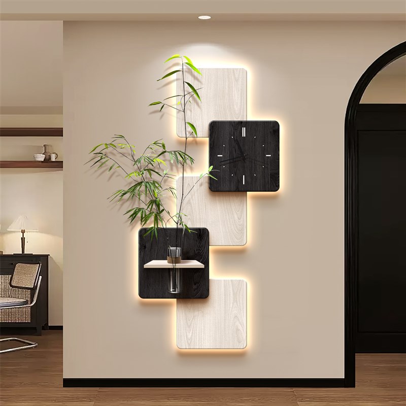 中古风玄关装饰画水培绿植入户正对门艺术挂画高级感带钟表壁灯画