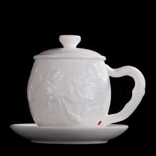 张国进手造羊脂玉陶瓷功夫泡茶杯办公室茶水分离杯会议带盖办公杯