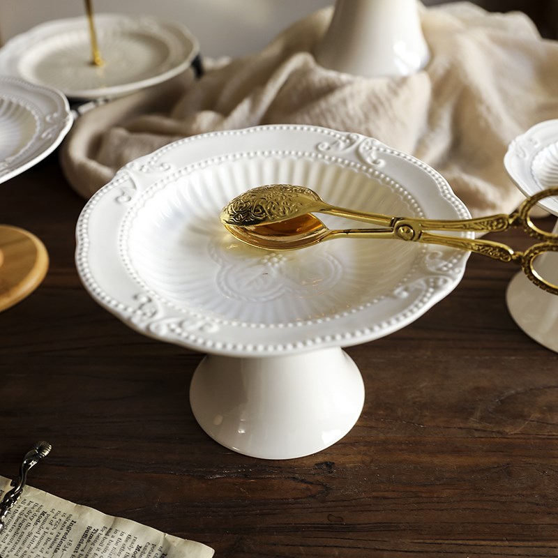 欧式浮雕高脚盘精致干果碟高足茶点盘子陶瓷点心水果盘宴会摆盘