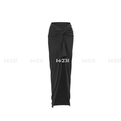 1423【逐影】高弹针织高腰半身裙不对称扭结高开叉垂坠长款半裙