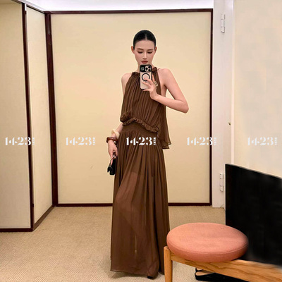 1423【高质真奢】100%桑蚕丝乔其纱挂脖连衣裙系带花边真丝长裙