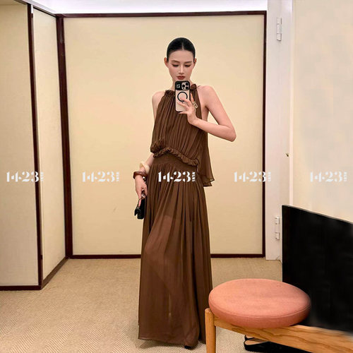 1423【高质真奢】100%桑蚕丝乔其纱挂脖连衣裙系带花边真丝长裙