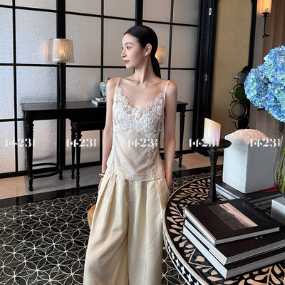 1423【曼谷闲暇】100%莱赛尔蕾丝拼接V领吊带胸衣显瘦纯欲上衣