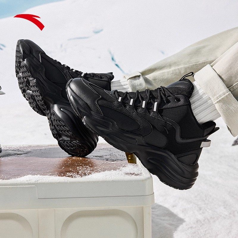 安踏男鞋二棉鞋加绒爸爸防滑休闲鞋户外通勤鞋男士黑色保暖运动鞋