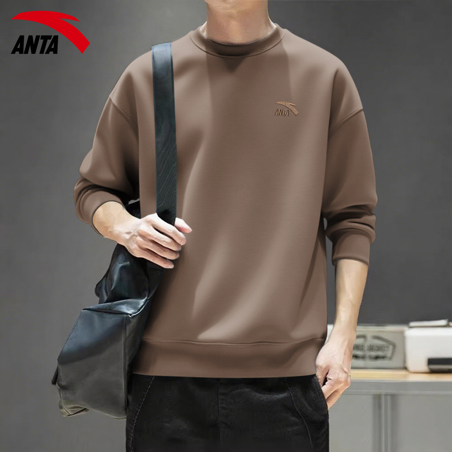 安踏运动长袖t恤2026新款简约休闲服女宽松上衣男士纯色圆领卫衣