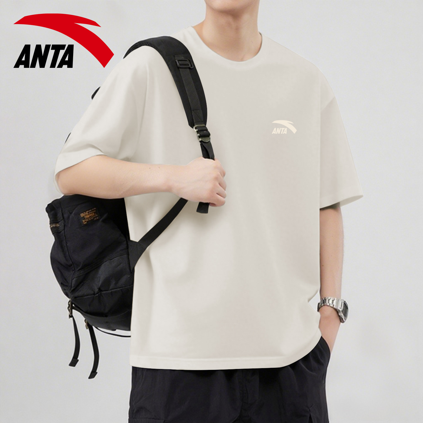 安踏短袖t恤男士圆领纯棉亲肤舒适青少年运动休闲打底衫百搭上衣