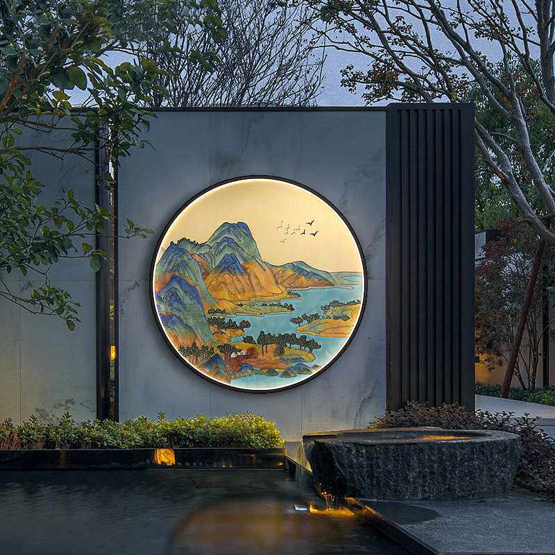 中式入户玄关装饰画带led灯 户外庭院茶室禅意岩板圆形山水壁灯