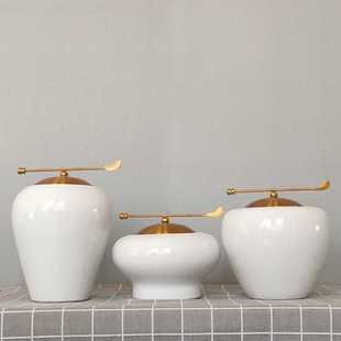 新中式 饰电视柜餐桌玄关工艺品 轻奢陶瓷白色花瓶摆件纯铜器家居装