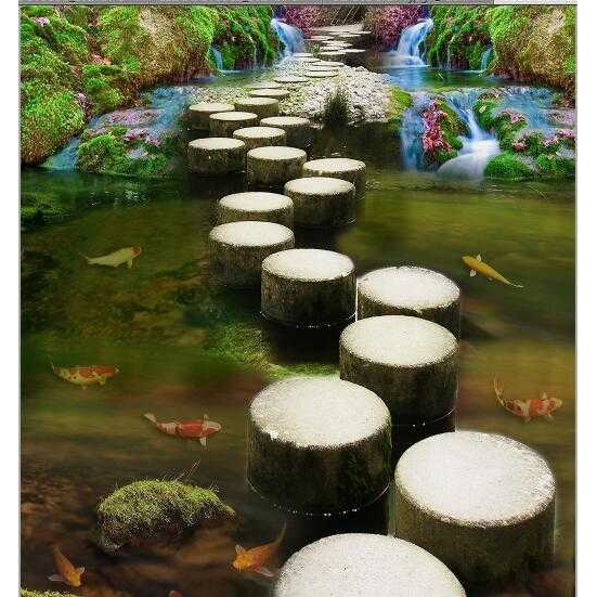 卫生间立体荷塘金鱼地板贴 石头小路3Dpvc自粘地板打印