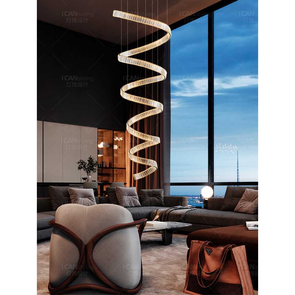 轻奢大气水晶大吊灯后现代复式楼别墅楼梯间圆环灯挑空客厅飘带灯