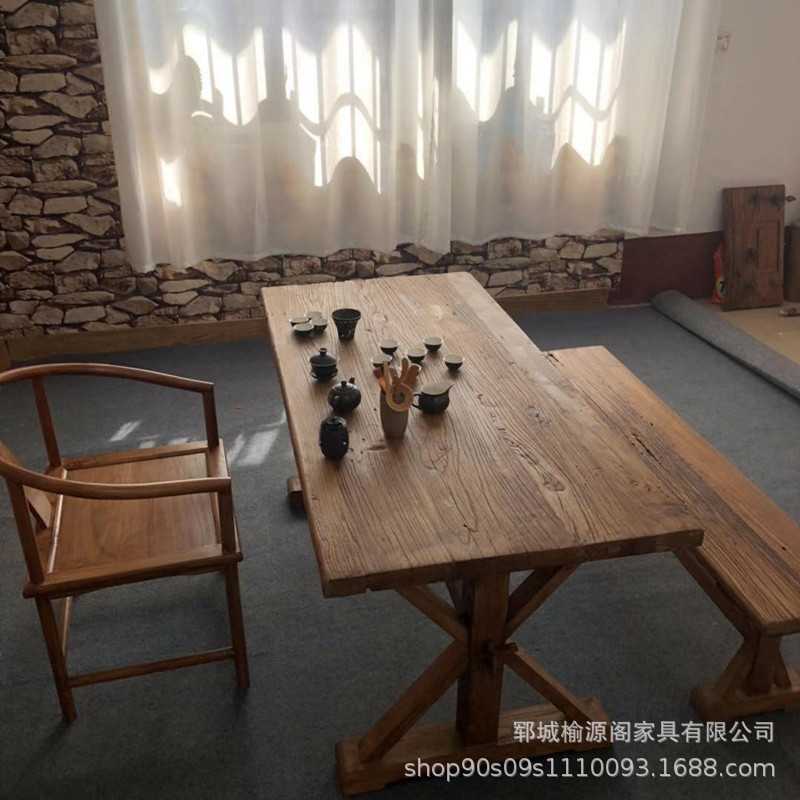 老榆木门板茶桌风化木复古餐桌米字腿书桌实木桌子旧门板厂家