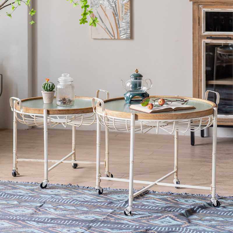 美式复古铁艺茶几民宿客厅角几边几做旧玻璃可移动小圆桌子工业风