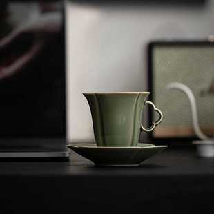 越窑青瓷器咖啡杯带杯垫套装 创意手工陶瓷茶具马克杯办公室泡茶杯