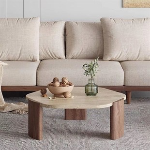 侘寂风实木洞石茶几极简小茶台小户型客厅家用圆形阳台大理石矮桌