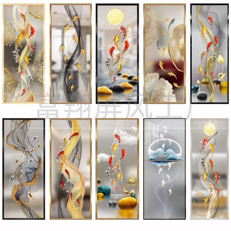 彩绘艺术玻璃屏风铁艺不锈钢入户玄关客厅遮挡隔断