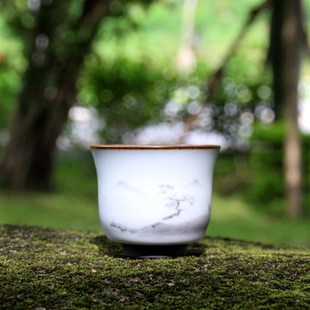 罗汉杯品A茗杯主人杯茶杯青瓷陶瓷个人杯 官窑手绘山水图斗笠