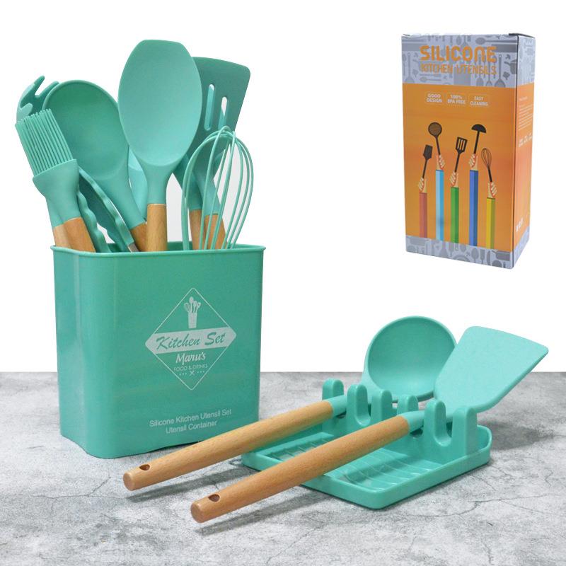 13件套木柄硅胶厨具烹饪铲勺套装不粘锅锅铲带收纳桶厨房工具