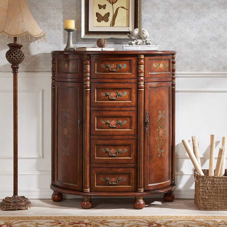 至高美式乡村实木五斗玄关柜胡桃棕门厅半圆桌子复古彩绘工厂