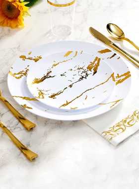175PCS套装大理石纹盘硬塑料PS西餐一次性餐盘刀叉勺酒杯黑色盘