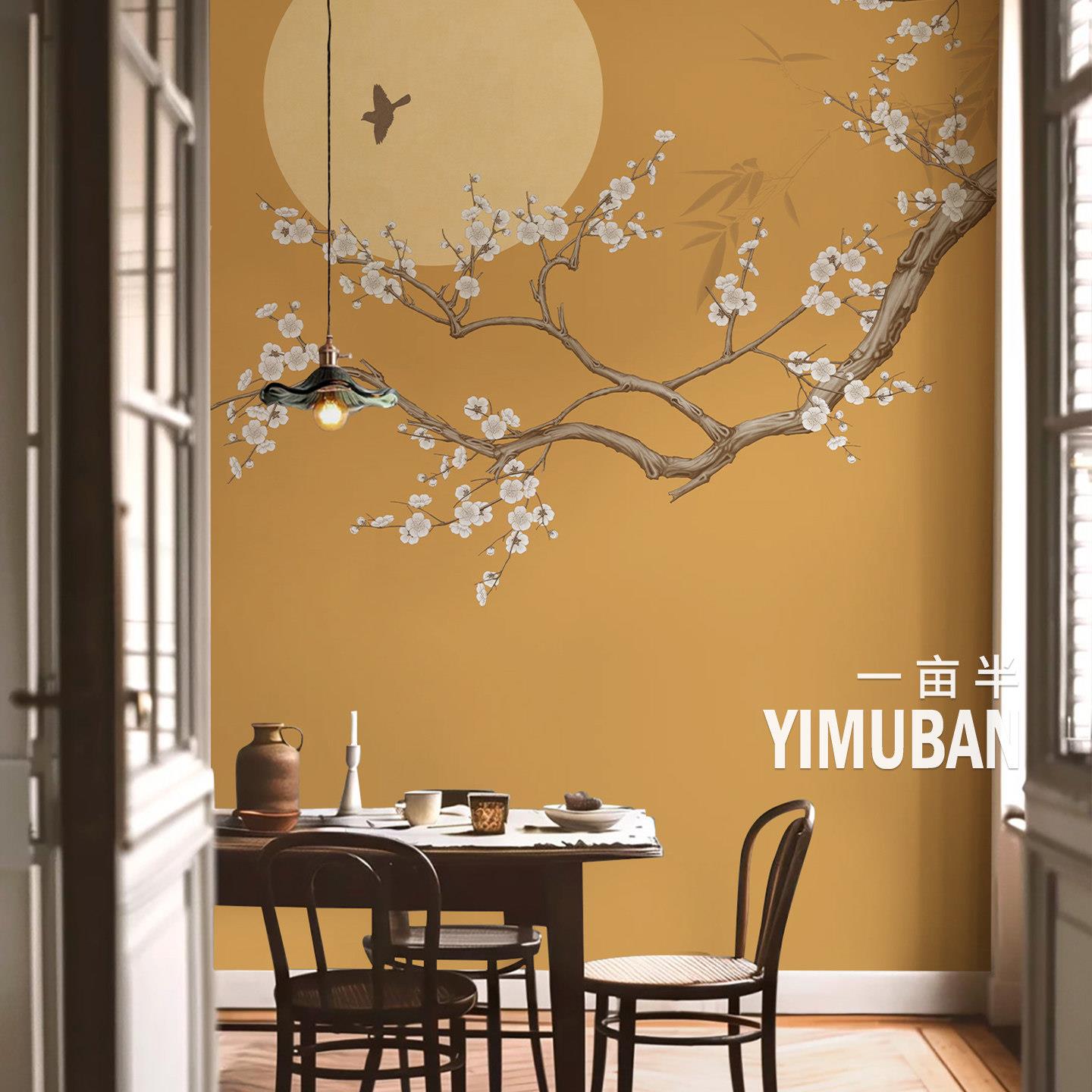 新中式梅花鸟墙纸墙布客厅餐厅背景墙定制壁画酒店床头墙壁纸壁布