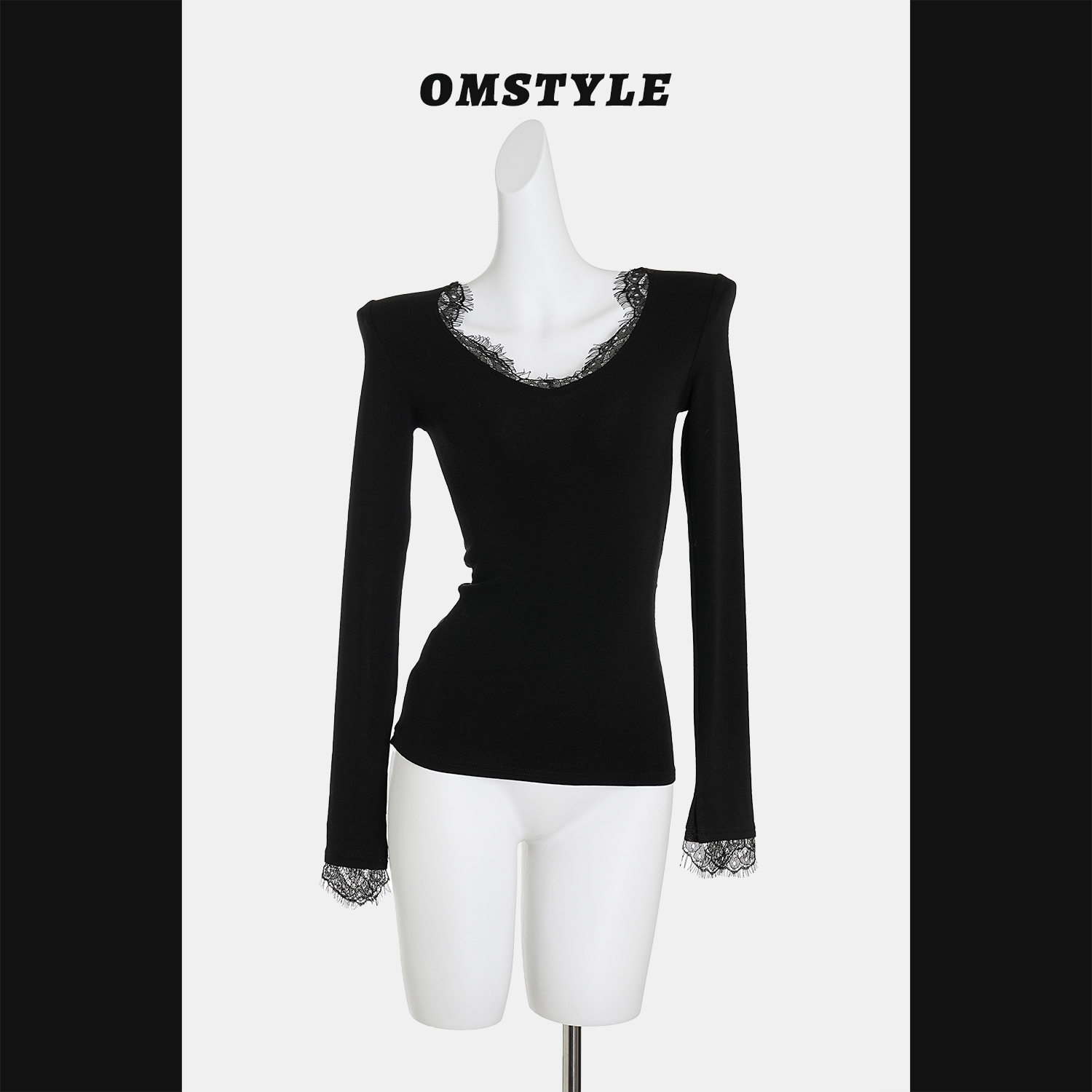 性感纯欲风黑色叠穿蕾丝拼接V领