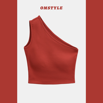 无袖单肩斜领露肩带胸垫短款背心