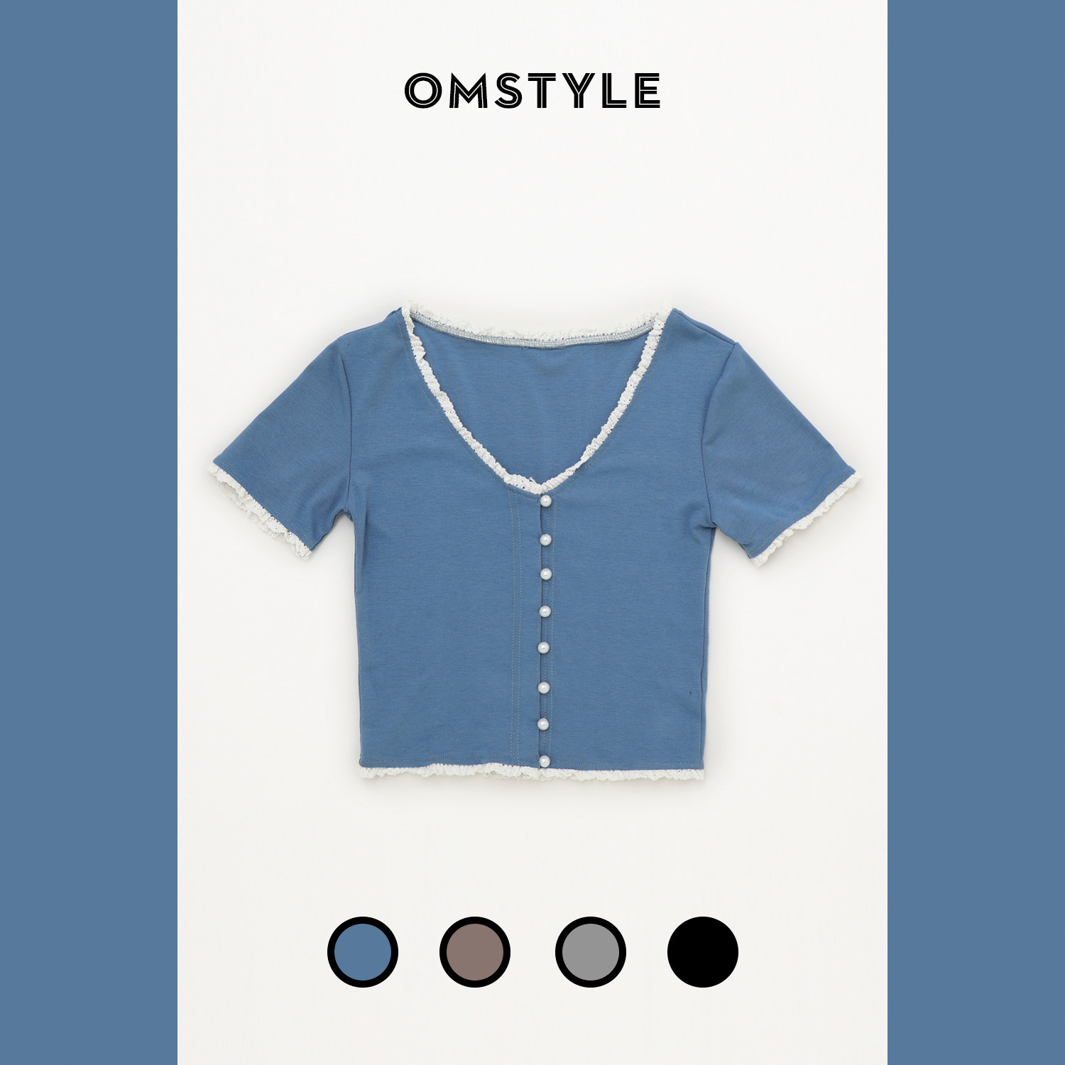 纽扣花边薄款短袖纯棉T恤女