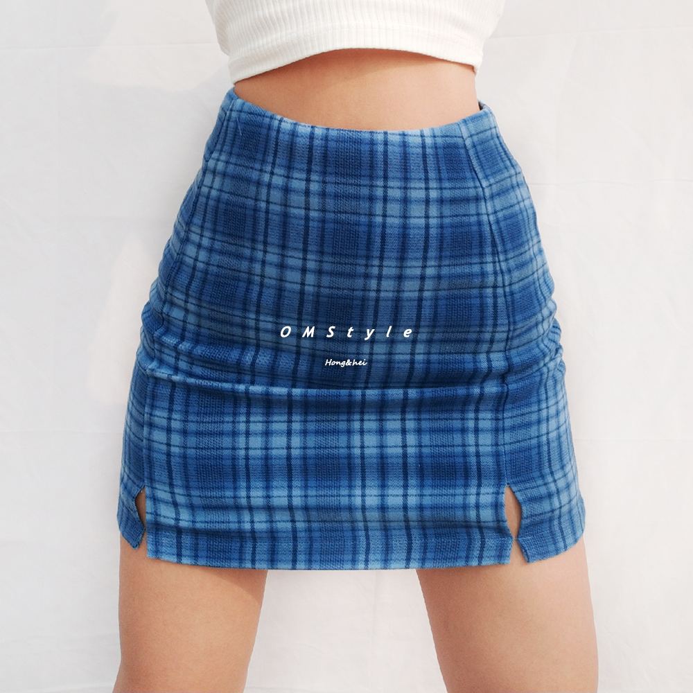 美式bm复古夏季高腰显瘦ins蓝色格子半身裙a字双开叉性感包臀裙女