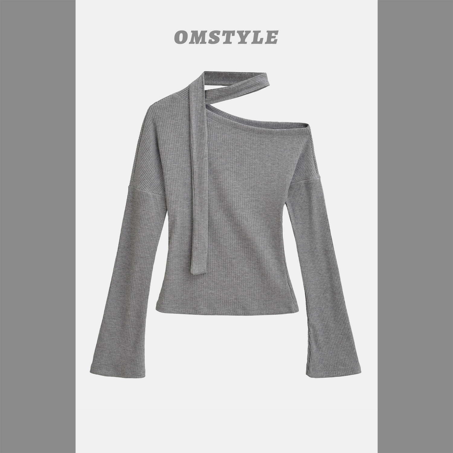 氛围感飘带露肩斜肩长袖T恤