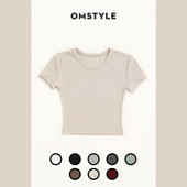 显瘦露脐短袖 修身 T恤女夏 宽边小圆领紧身弹力高腰短款 百搭基础款