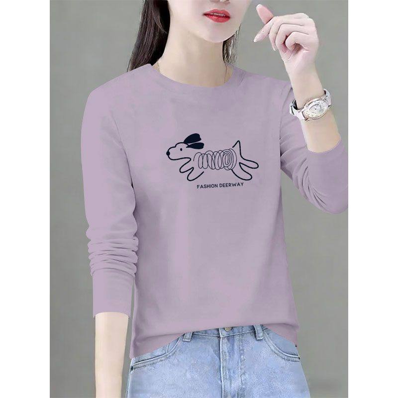 春秋纯棉女士长袖印花打底衫T恤时尚通勤韩版百搭宽松显瘦ins上衣