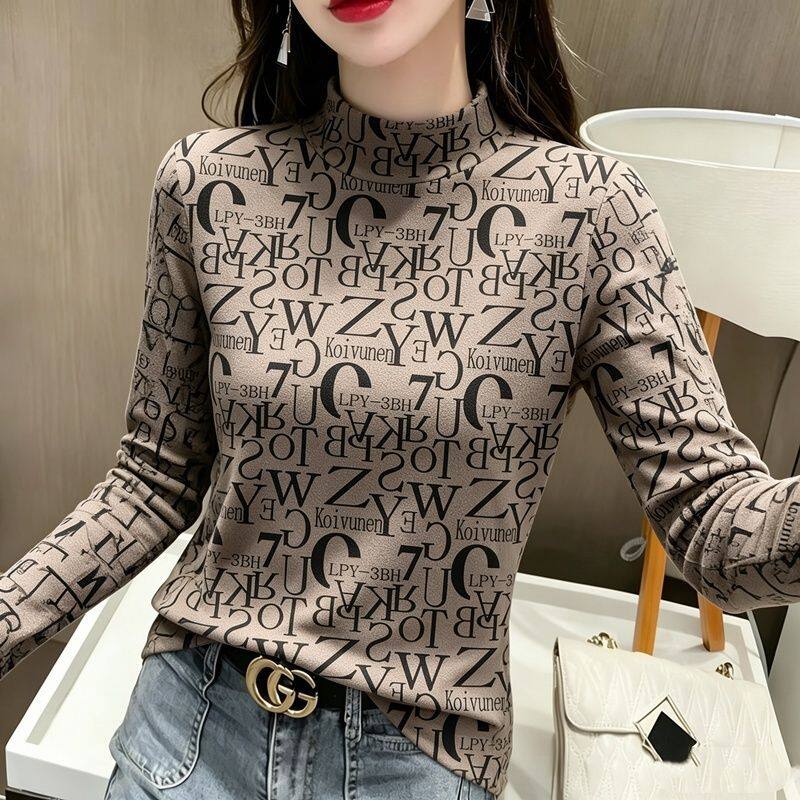 秋冬气质德绒半高领数码印花打底衫T恤女水墨风百搭显瘦ins上衣服