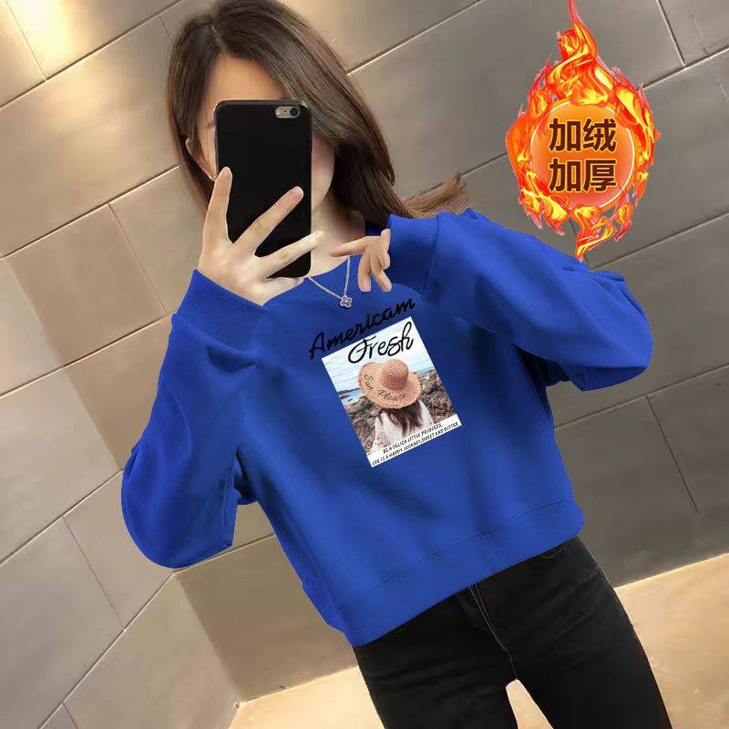 秋冬克莱因蓝加绒加厚纯棉短款卫衣女时尚洋气韩版百搭显瘦上衣服