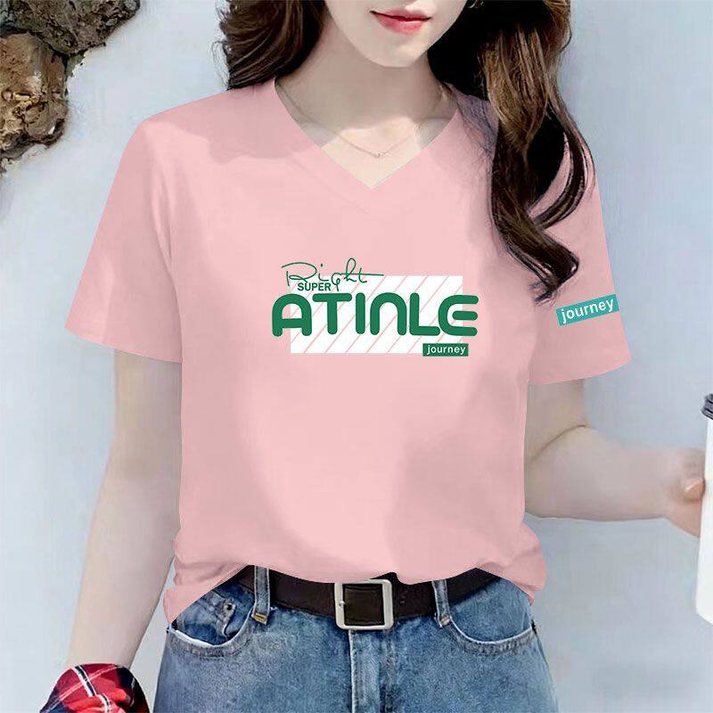 100%纯棉V领皮粉色短袖T恤女
