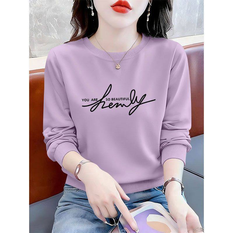 春秋纯棉紫色长袖套头卫衣女韩版宽松遮肉显瘦印花薄款圆领上衣服