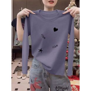 秋冬纯棉紫蓝色长袖T恤女时尚新款韩版洋气减龄百搭宽松显瘦上衣